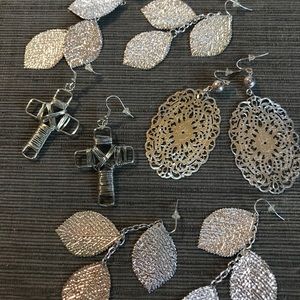 SILVER METAL WIRE CROSS, LEAF, & OVAL EARRINGS